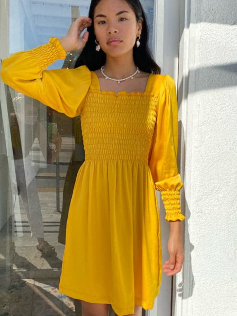 Lisa Says Gah Yellow Smocked Midi Dress
